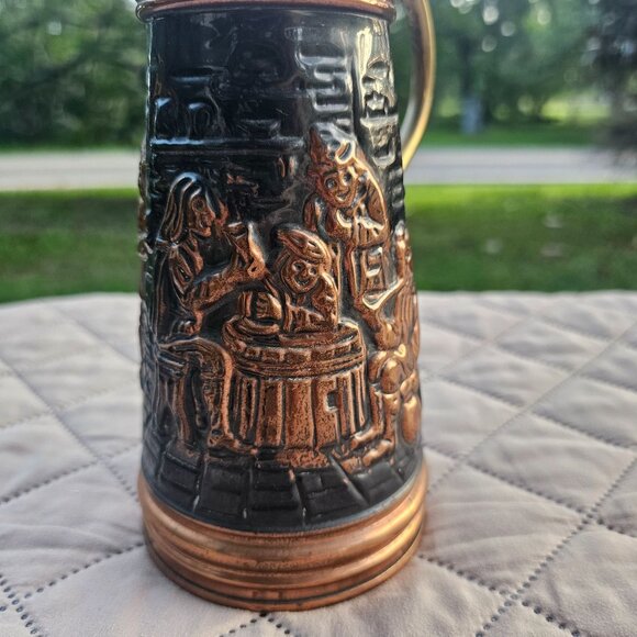 Vintage Decorative Embossed Copper and Brass Pitcher Old World Tavern Scene 8" - Picture 5 of 14